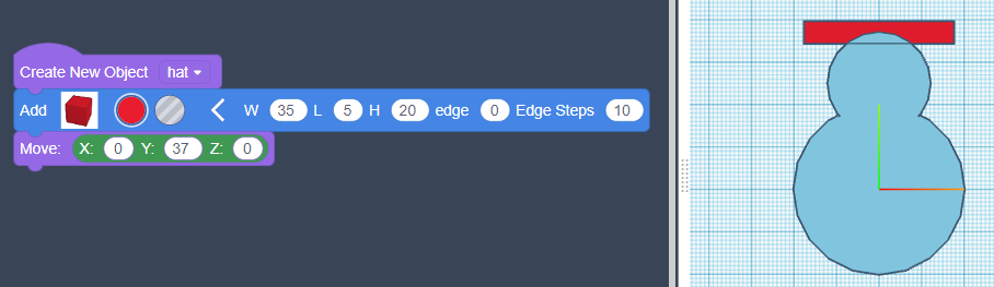 On the left: the same code as earlier. On the right, a pale blue snowman shape, with a red rectangle on top.